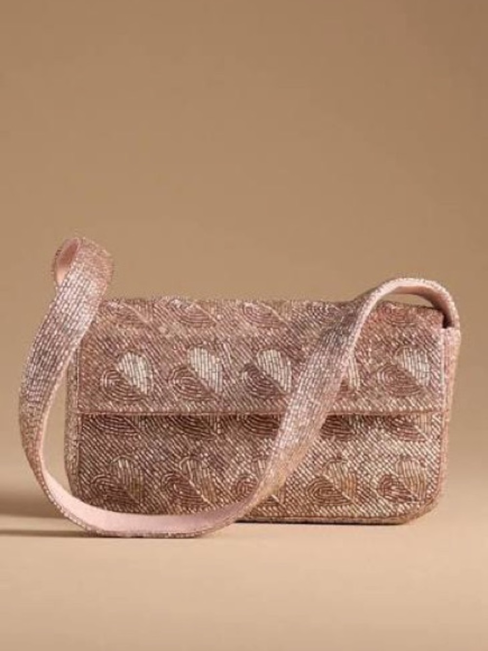 Anthropologie Blush Beaded Heart-Accent Shoulder Bag